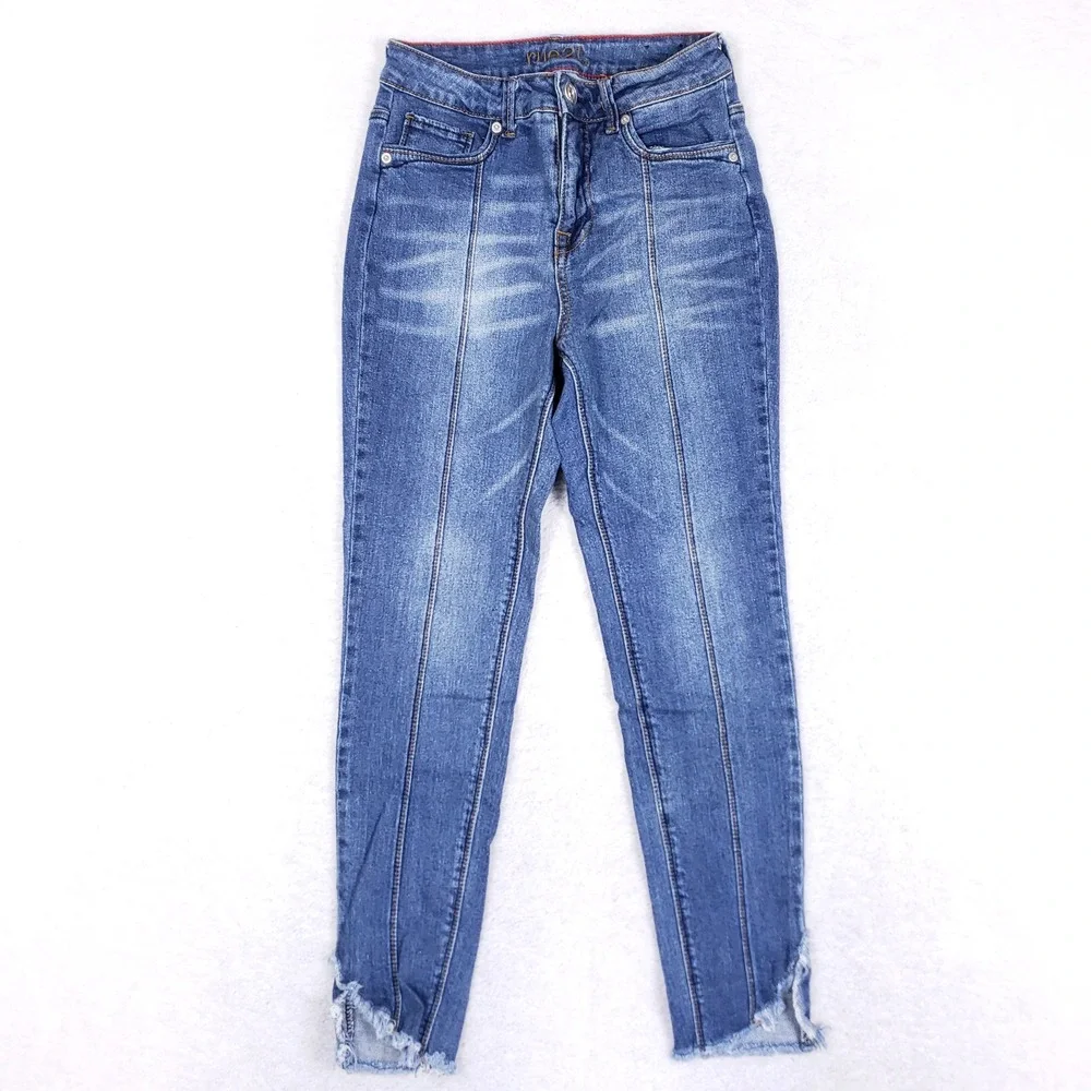 Rue21 Jeggings Womens Sz 8 Blue Uber High Rise Front Seam Frayed Step Hem Jeans